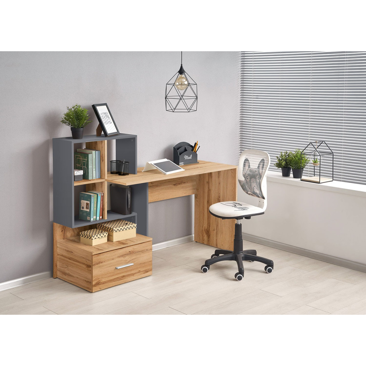 Bureau avec rangements chêne wotan et anthracite