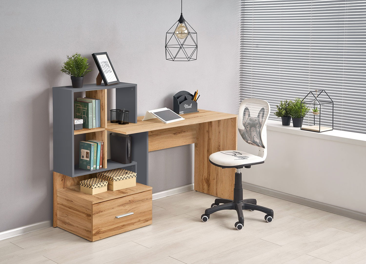 Bureau avec rangements chêne wotan et anthracite - Cbc-Meubles