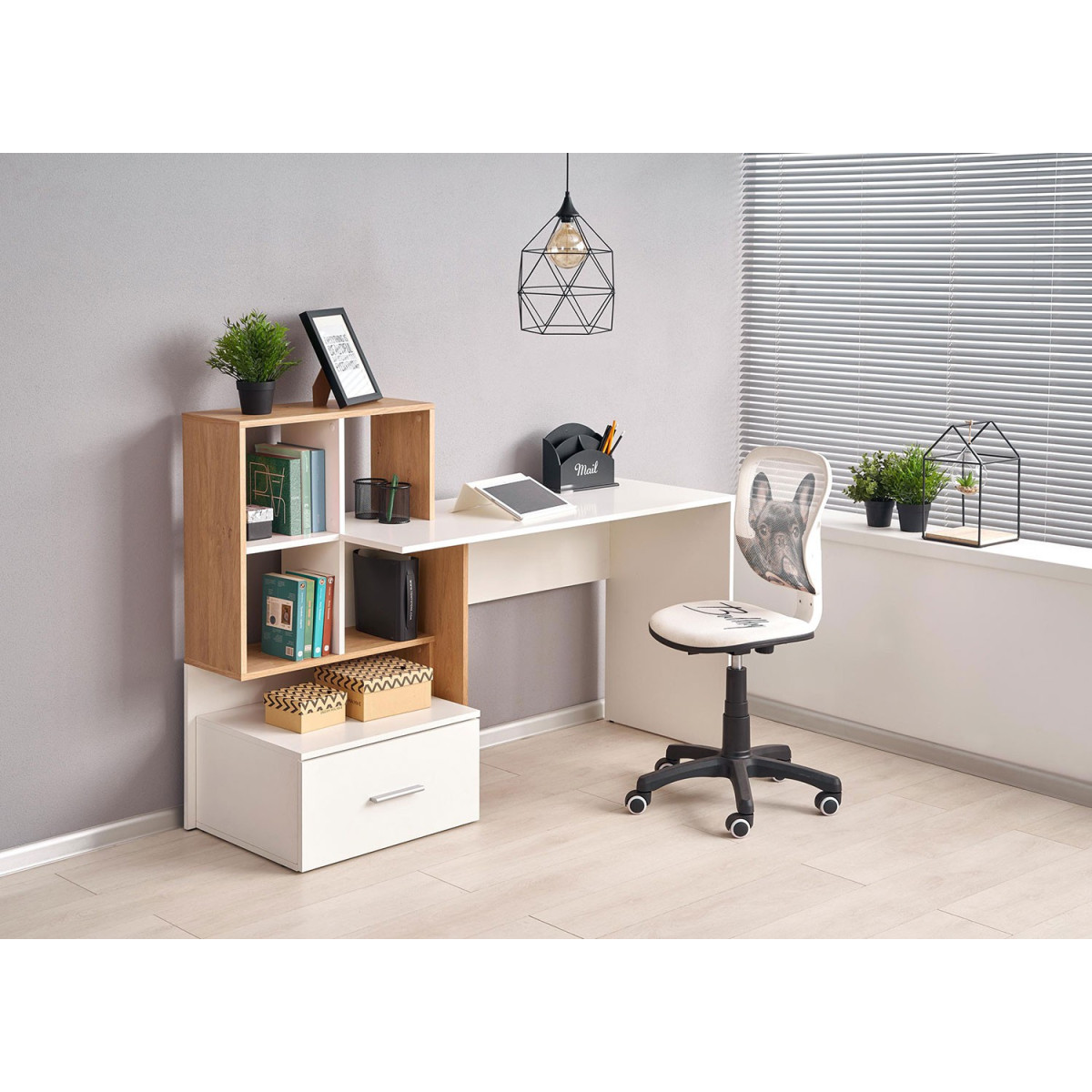 Bureau avec rangements blanc et chêne doré