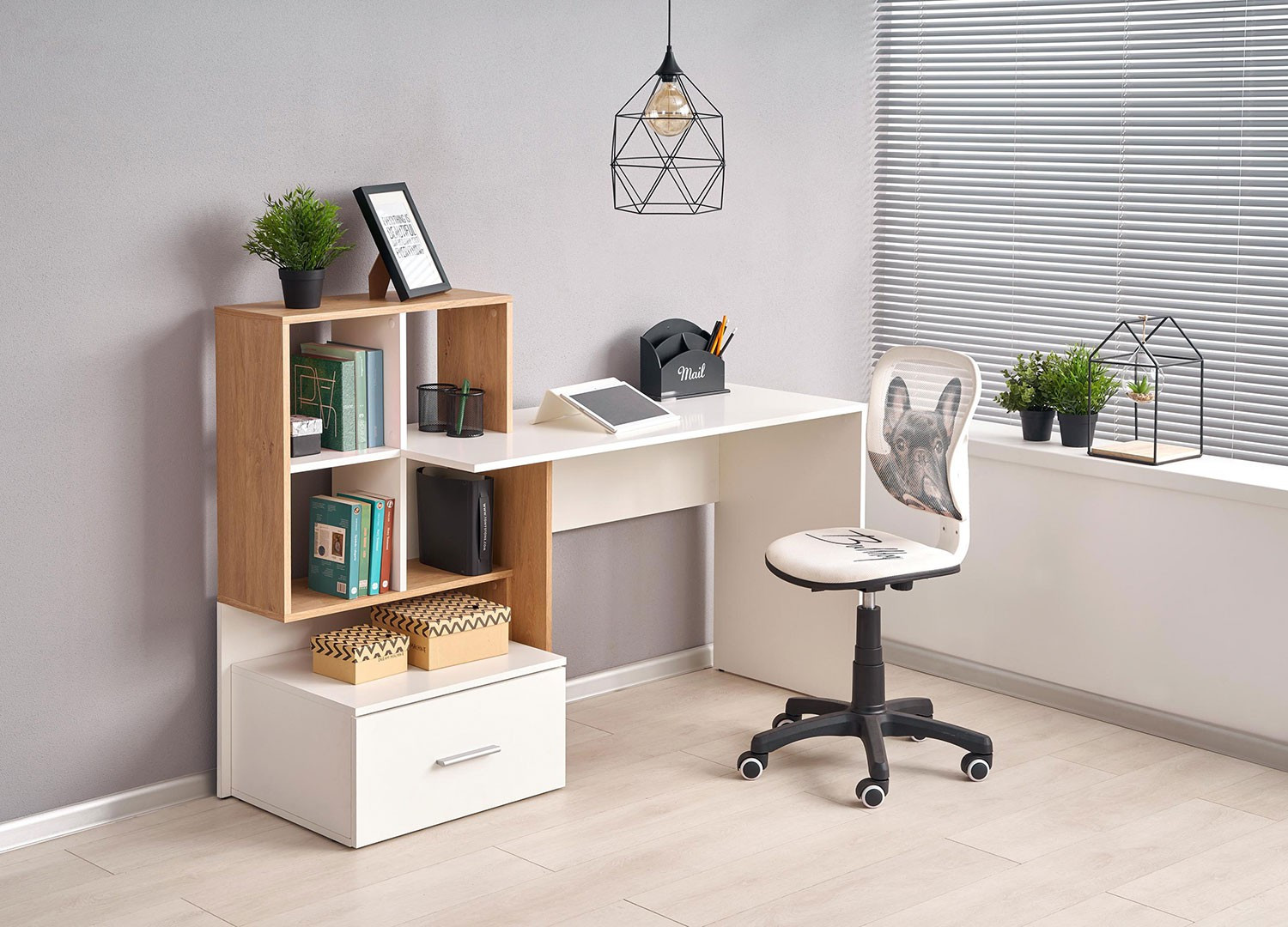 Bureau avec rangements blanc et chêne doré - Cbc-Meubles