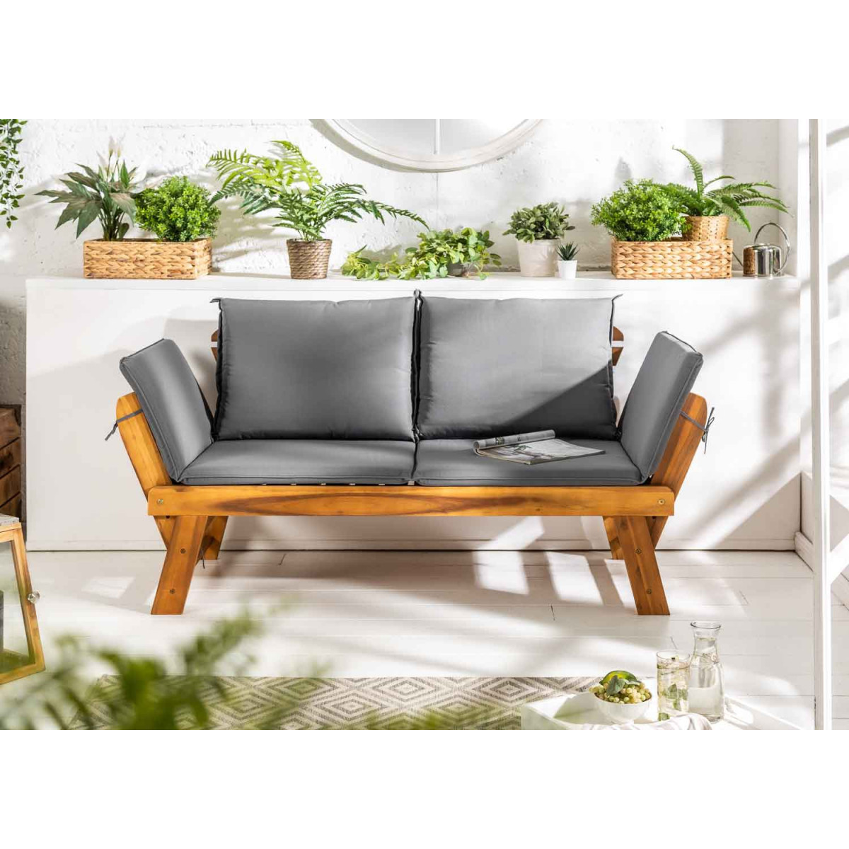 Banc de jardin modulable en acacia avec coussins gris