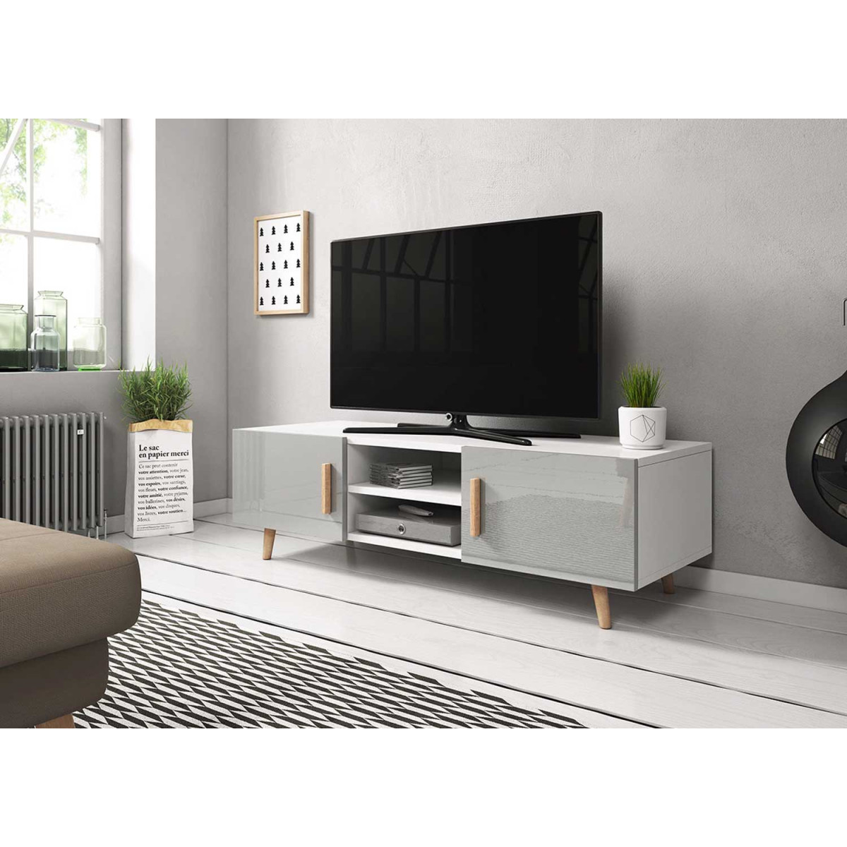 Meuble TV gris brillant et blanc 140 cm