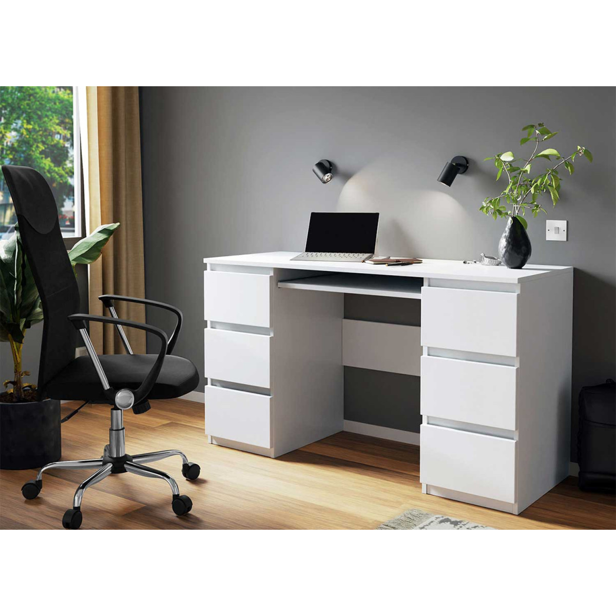 Bureau blanc 6 tiroirs avec tablette coulissante