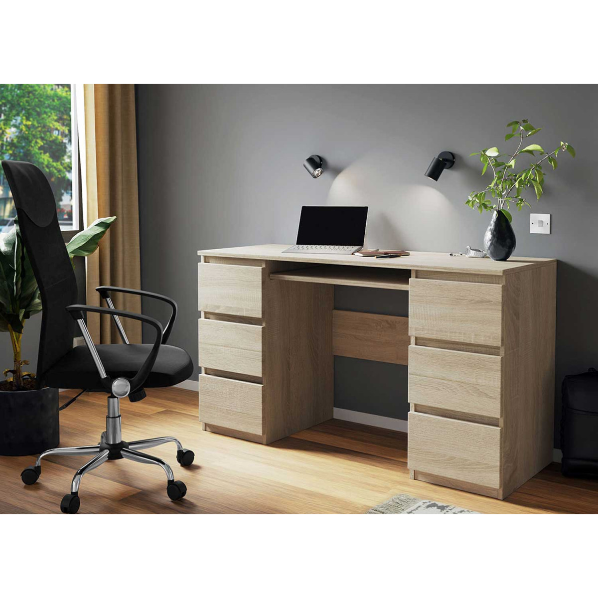 Bureau chêne 6 tiroirs avec tablette coulissante