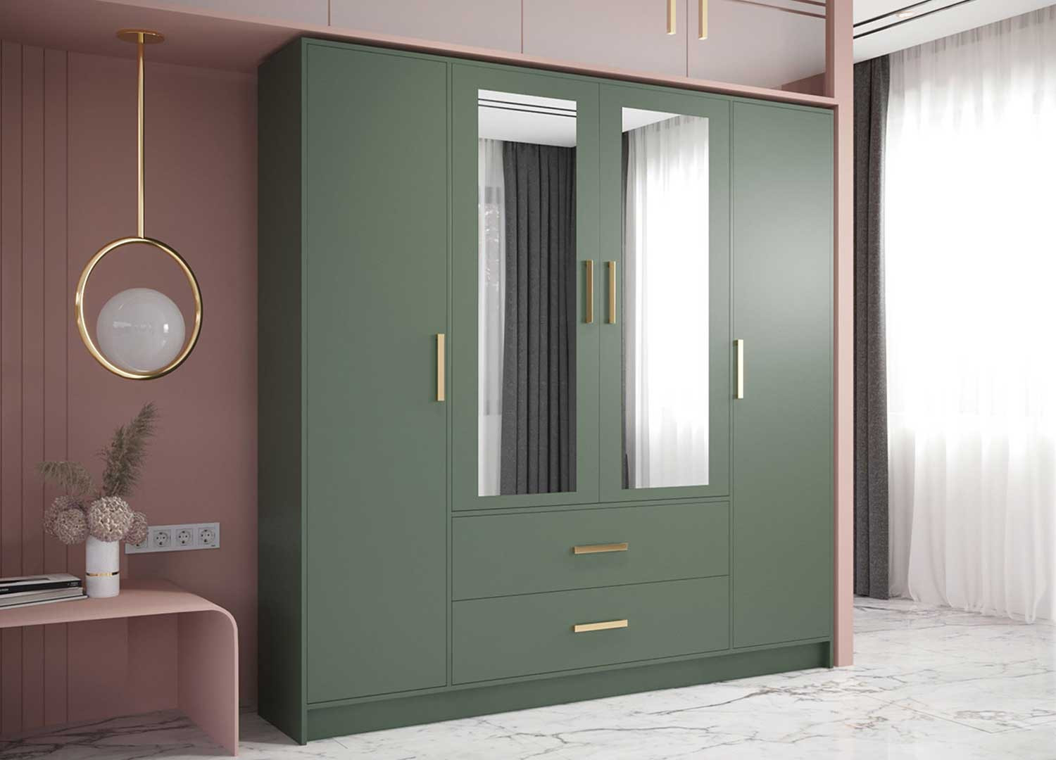 Armoire rangement entrée bois et verre blanc avec miroir - Cbc-Meubles