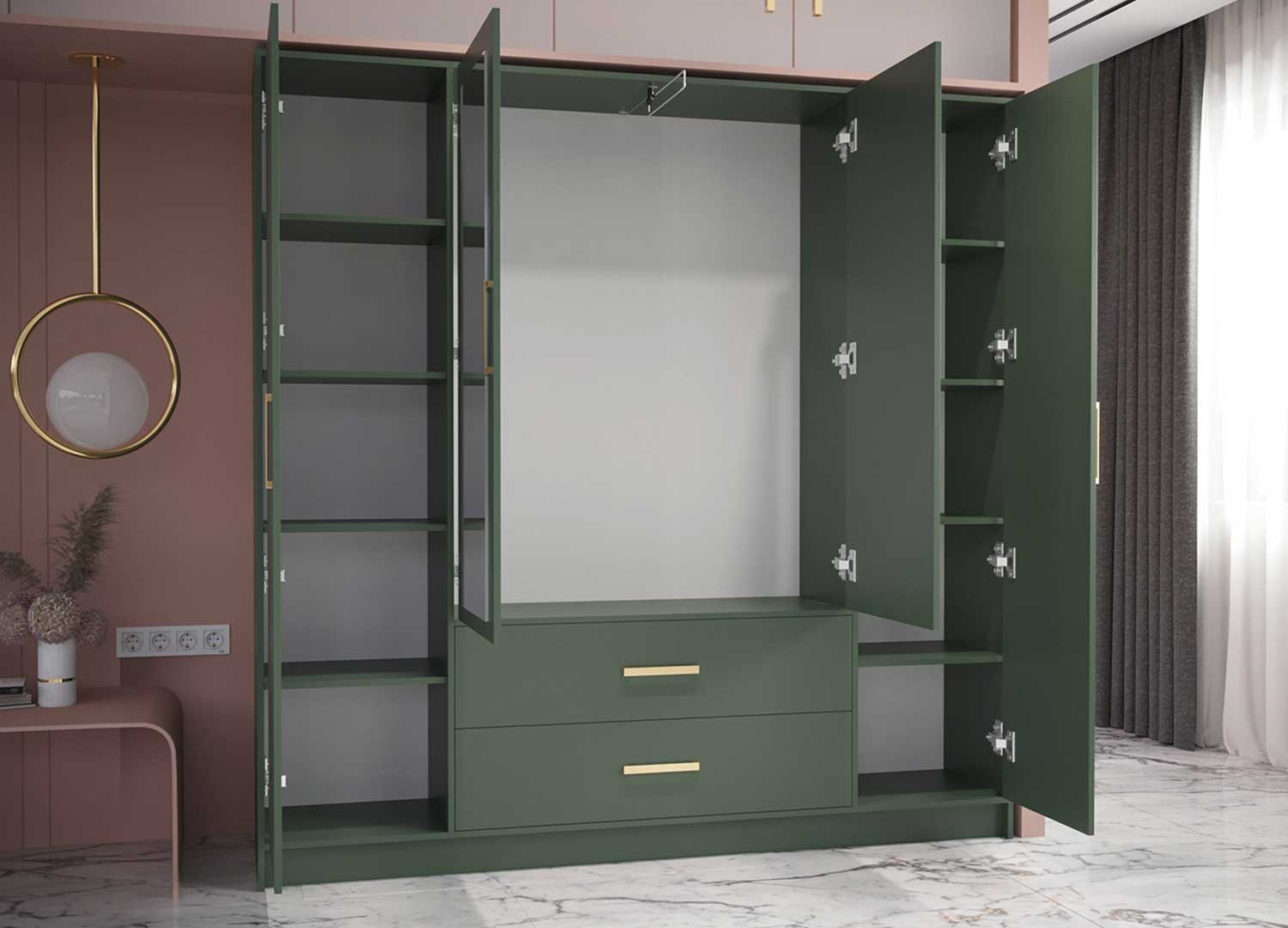 Armoire moderne verte avec miroir de 4 portes et 2 tiroirs - Cbc-Meubles