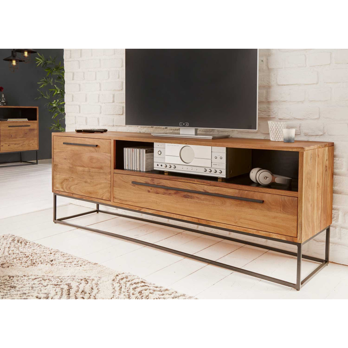 Meuble tv salon bois massif 1 porte et 1 tiroir