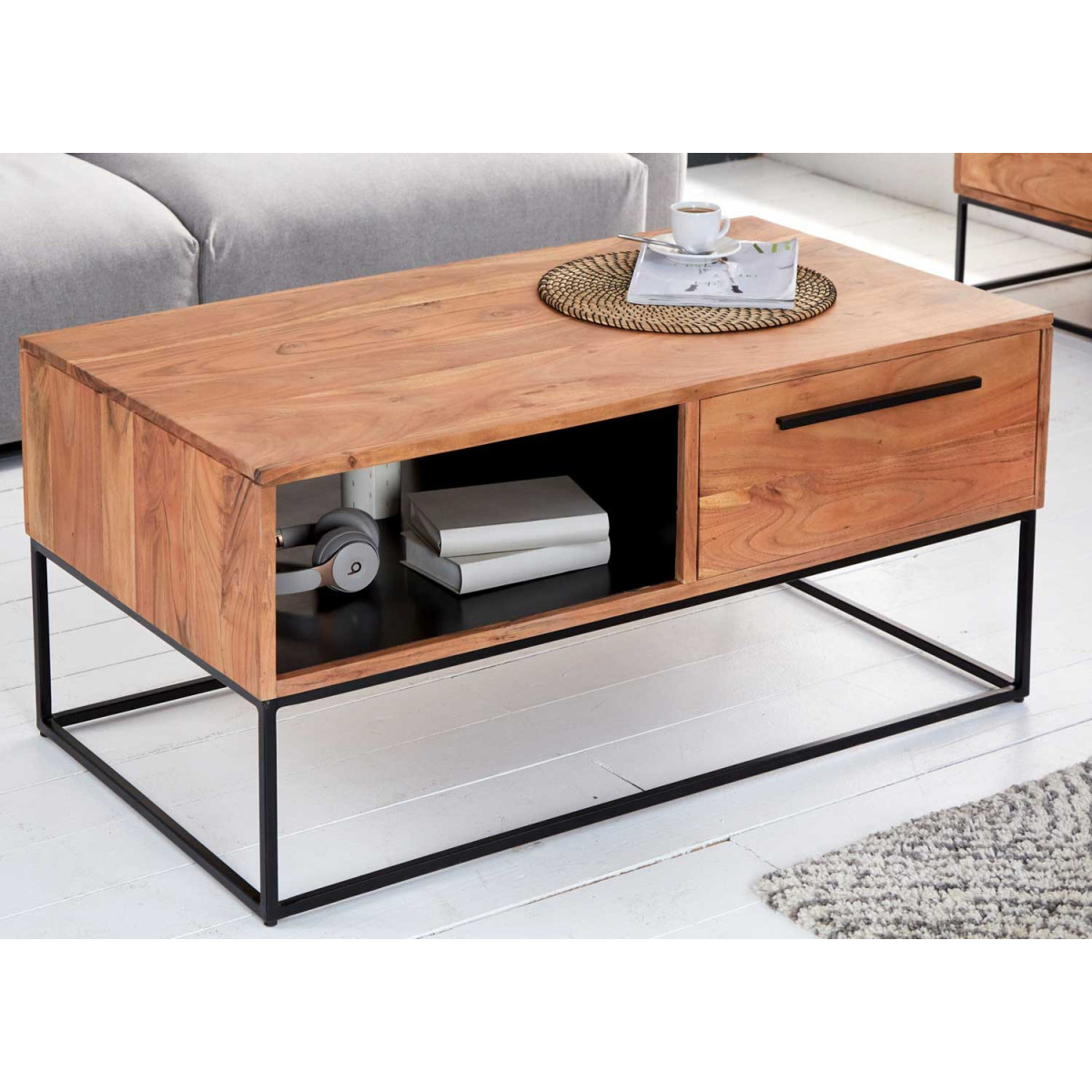 Table basse de salon bois massif 1 niche et 2 tiroirs