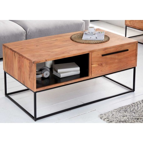 Table basse de salon bois massif 1 niche et 2 tiroirs