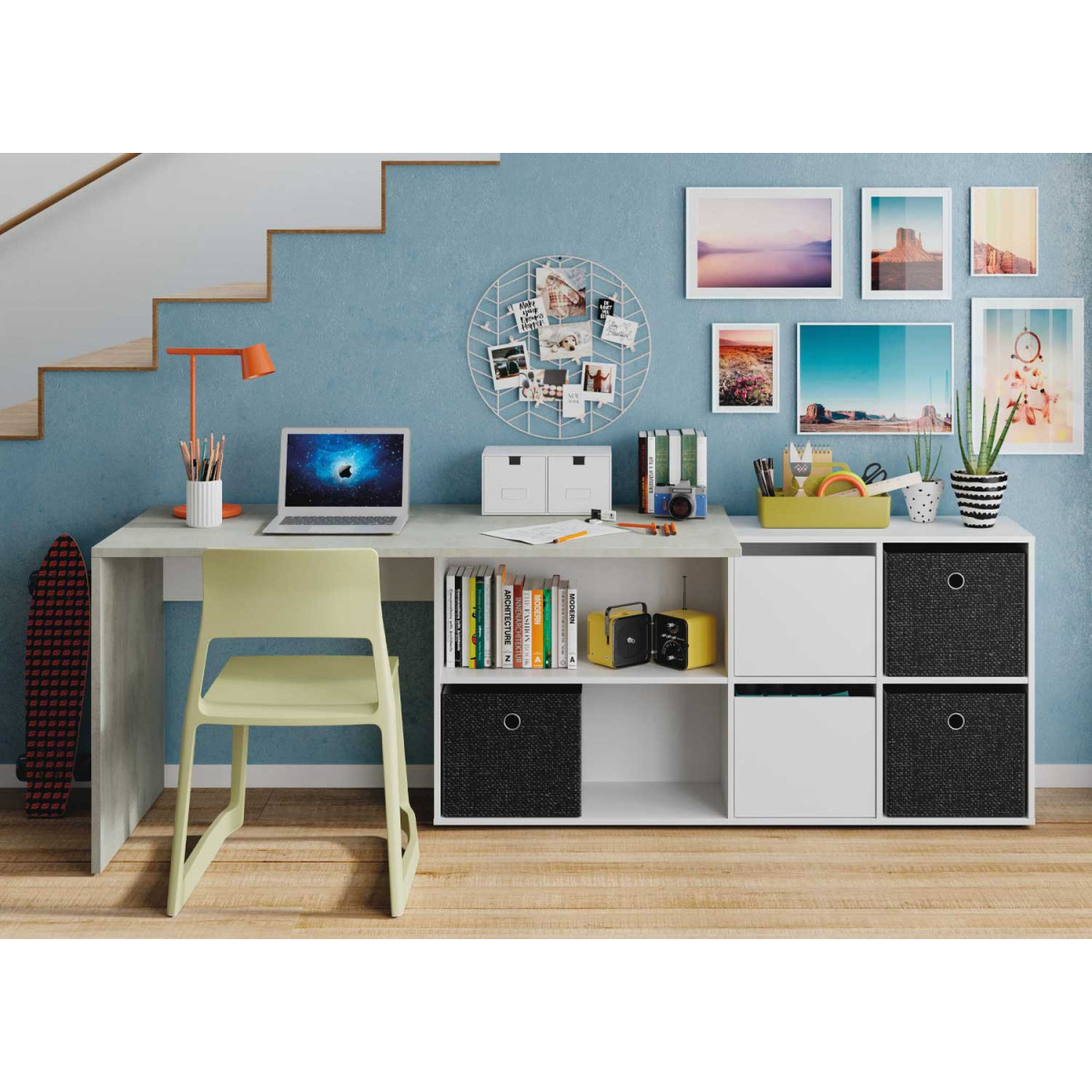 Bureau modulable avec niches de rangement blanc et béton