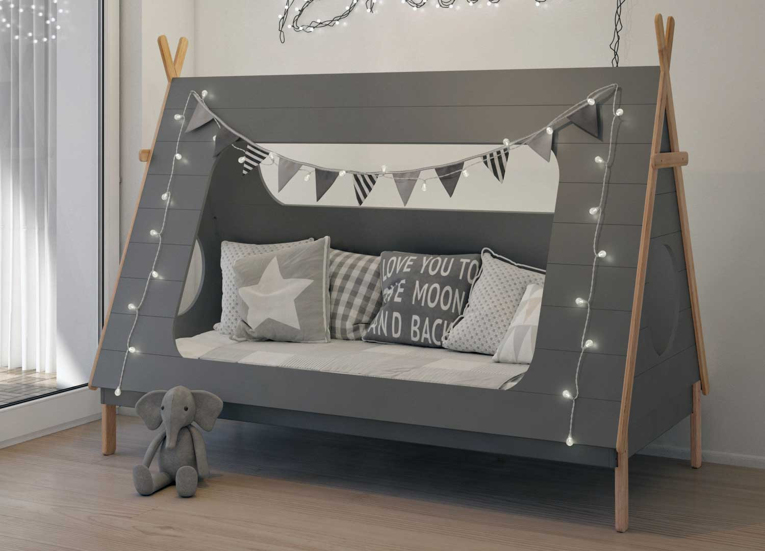 Tipi Lit d'enfants Tipi gris antichute lit en bois de pin aspect maison 200x90 cm 