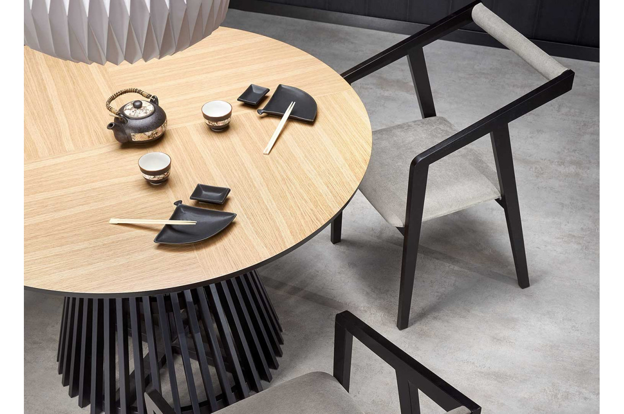 Table à manger ronde 120cm grise avec rallonge intégrée et pieds noir
