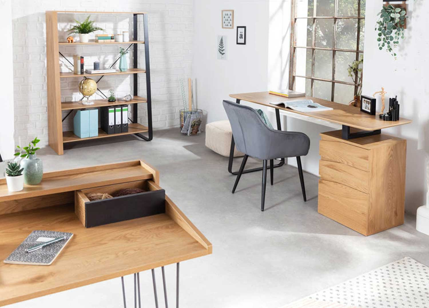 Bureau avec rangements chêne wotan et anthracite - Cbc-Meubles