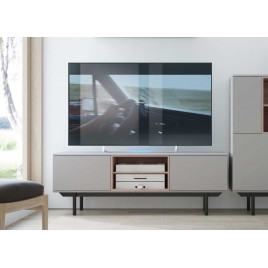 Meuble banc TV design scandinave avec 2 portes en MDF décor blanc/chêne sonoma