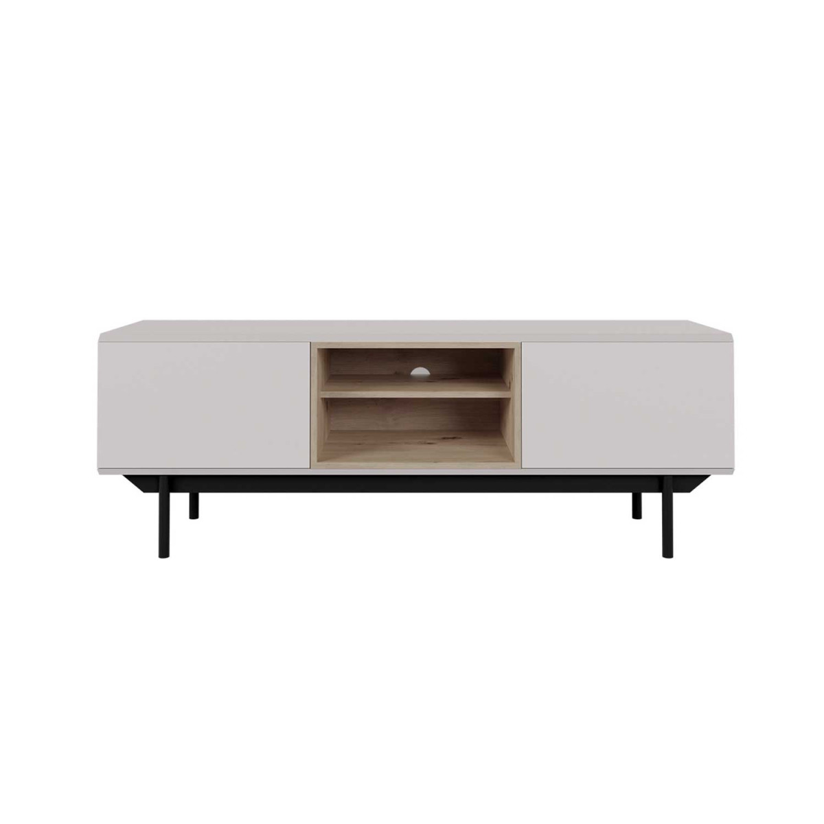 Meuble tv 2 portes 2 niches gris et décor chêne