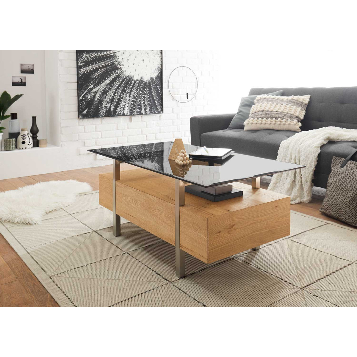 Table basse rectangulaire 1 tiroir 110 cm bois et verre