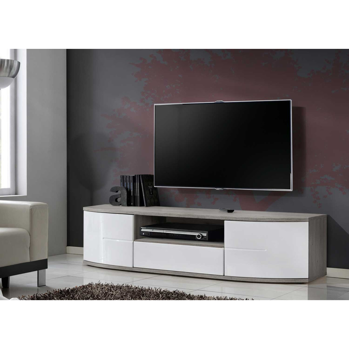 Meuble TV Laqué Blanc et Bois 150 cm DAX