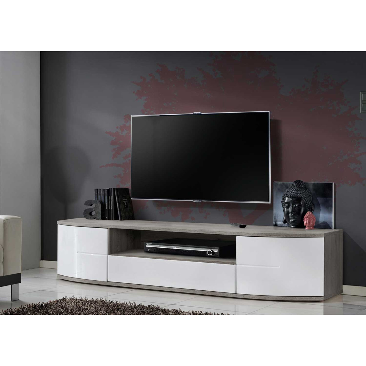 Meuble TV Laqué Blanc et Bois 190 cm