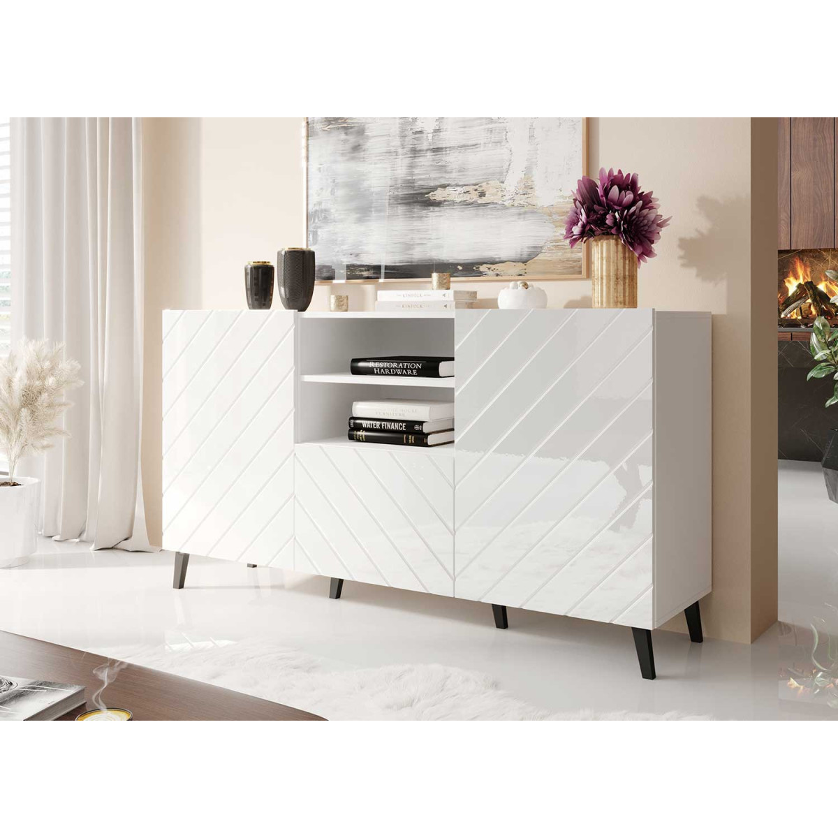 Meuble buffet blanc brillant 1m50 2 portes et 1 tiroir