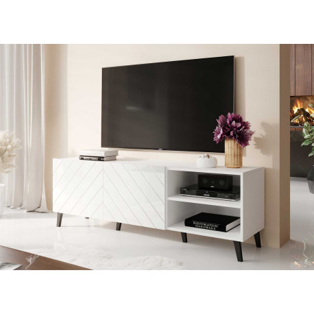 Meuble tv blanc brillant 1m50 2 portes et 2 niches