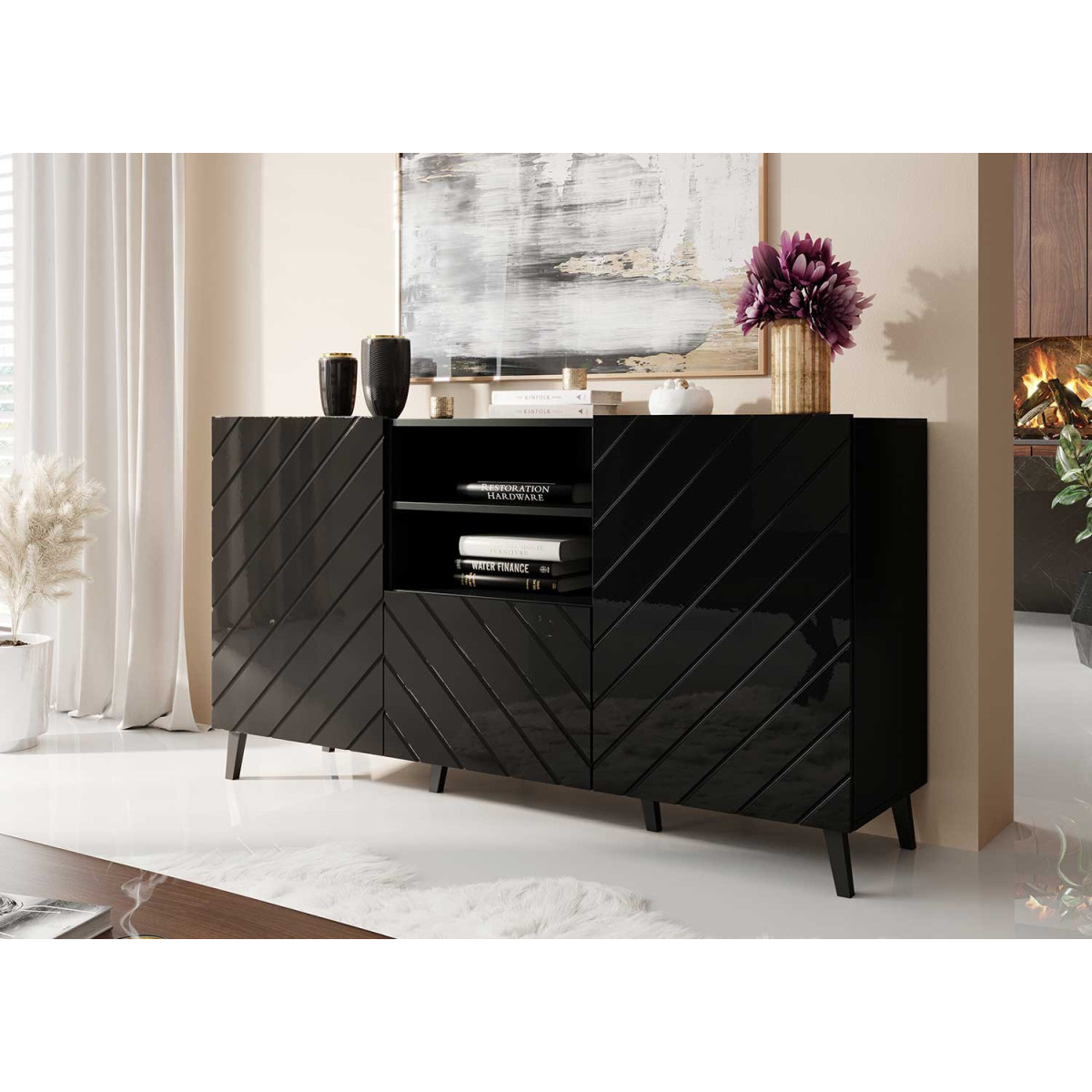 Meuble buffet noir brillant 1m50 2 portes et 1 tiroir