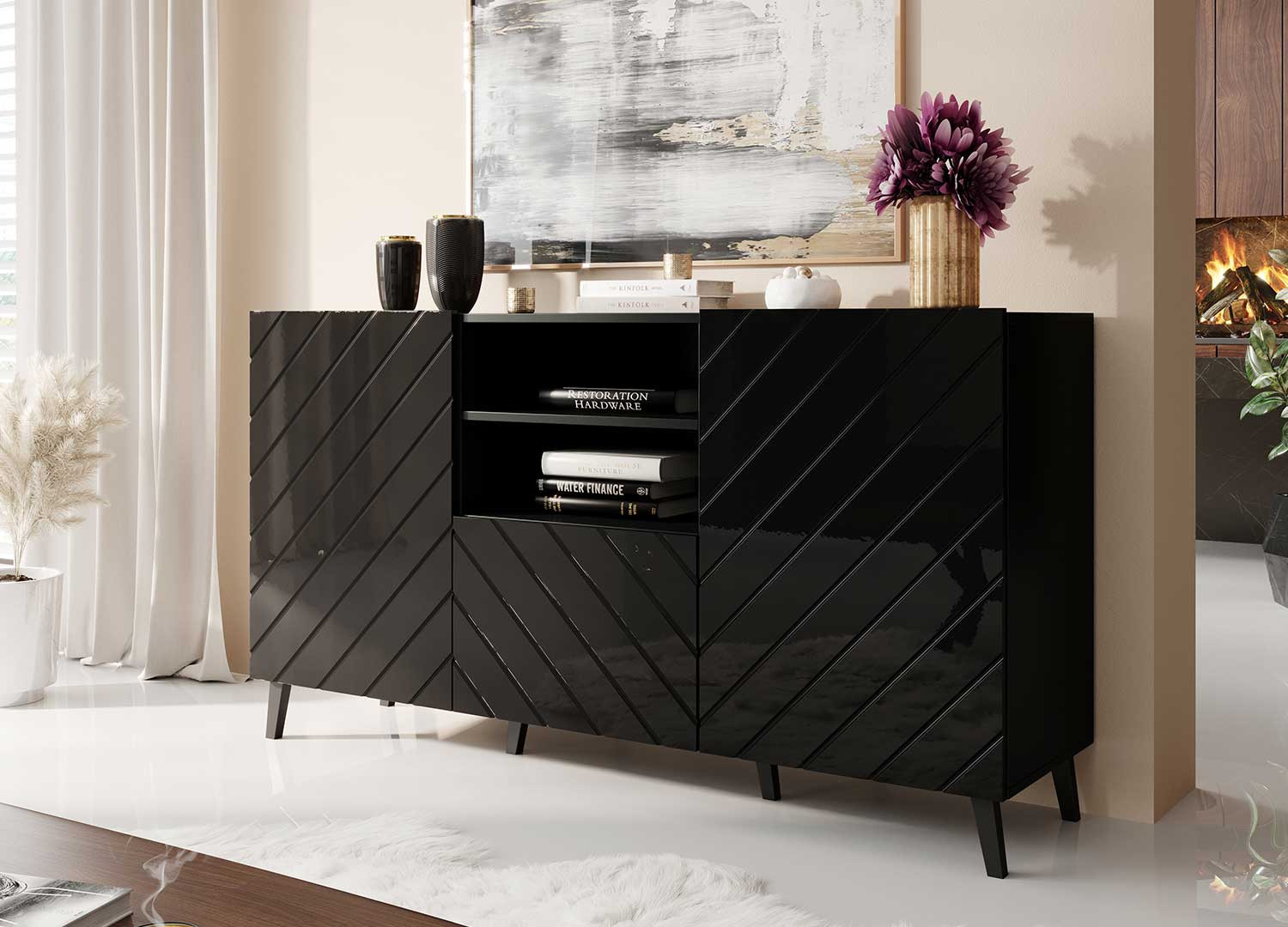 Meuble buffet noir brillant 1m50 2 portes et 1 tiroir CbcMeubles