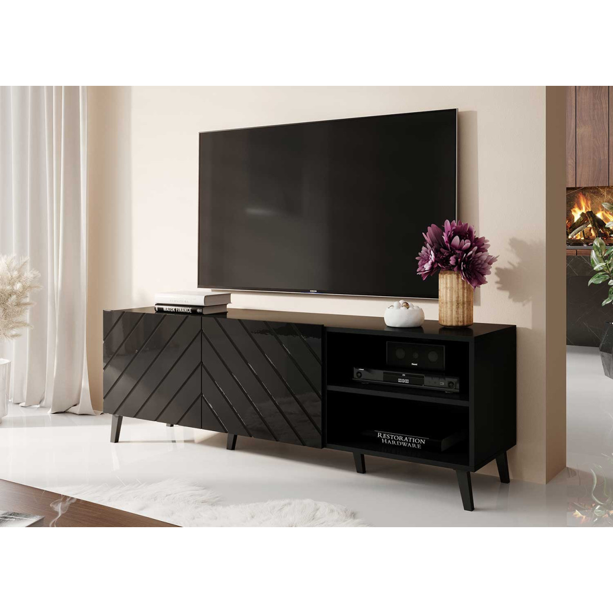 Meuble tv noir brillant 1m50 2 portes et 2 niches