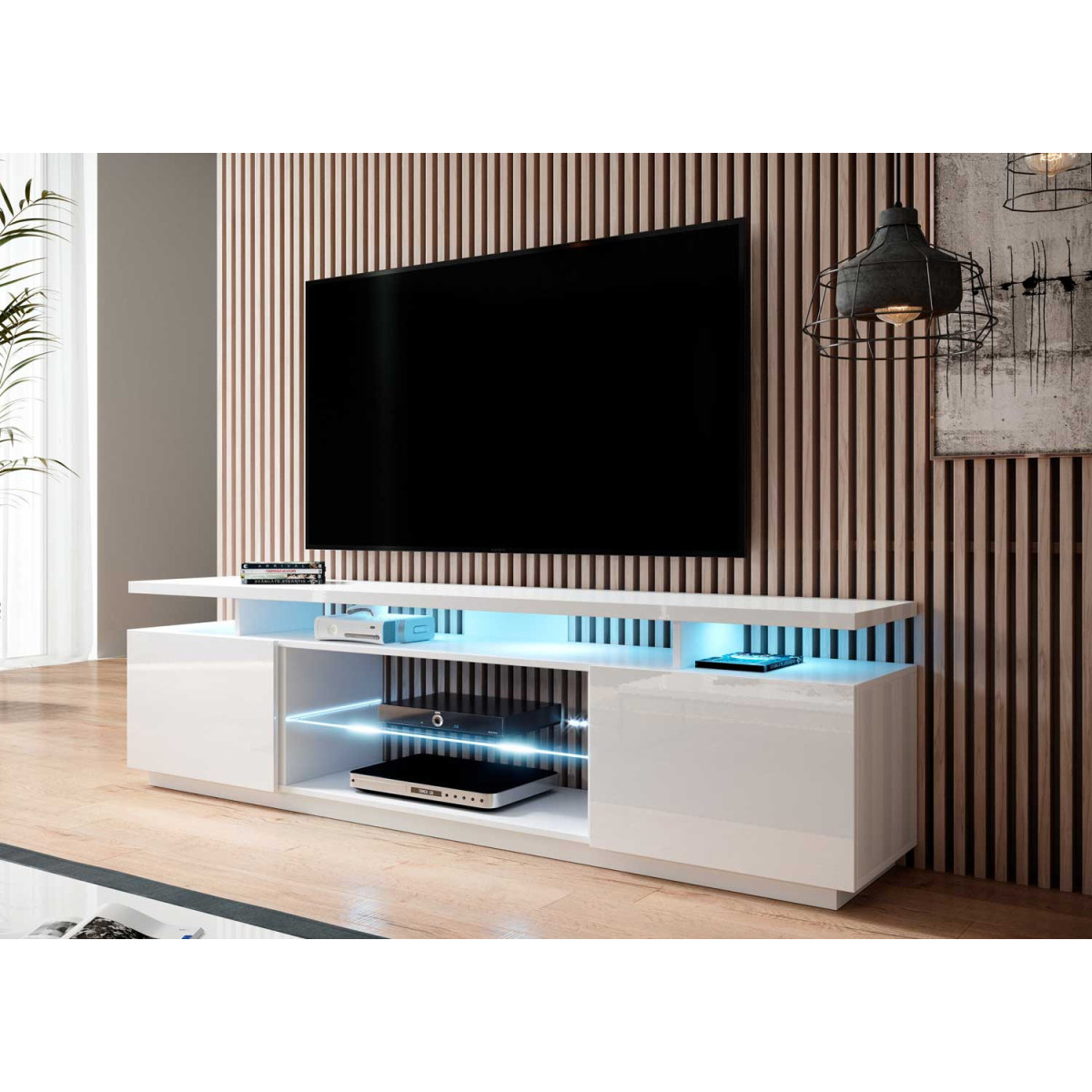 Meuble tv blanc brillant 2 portes et 2 niches