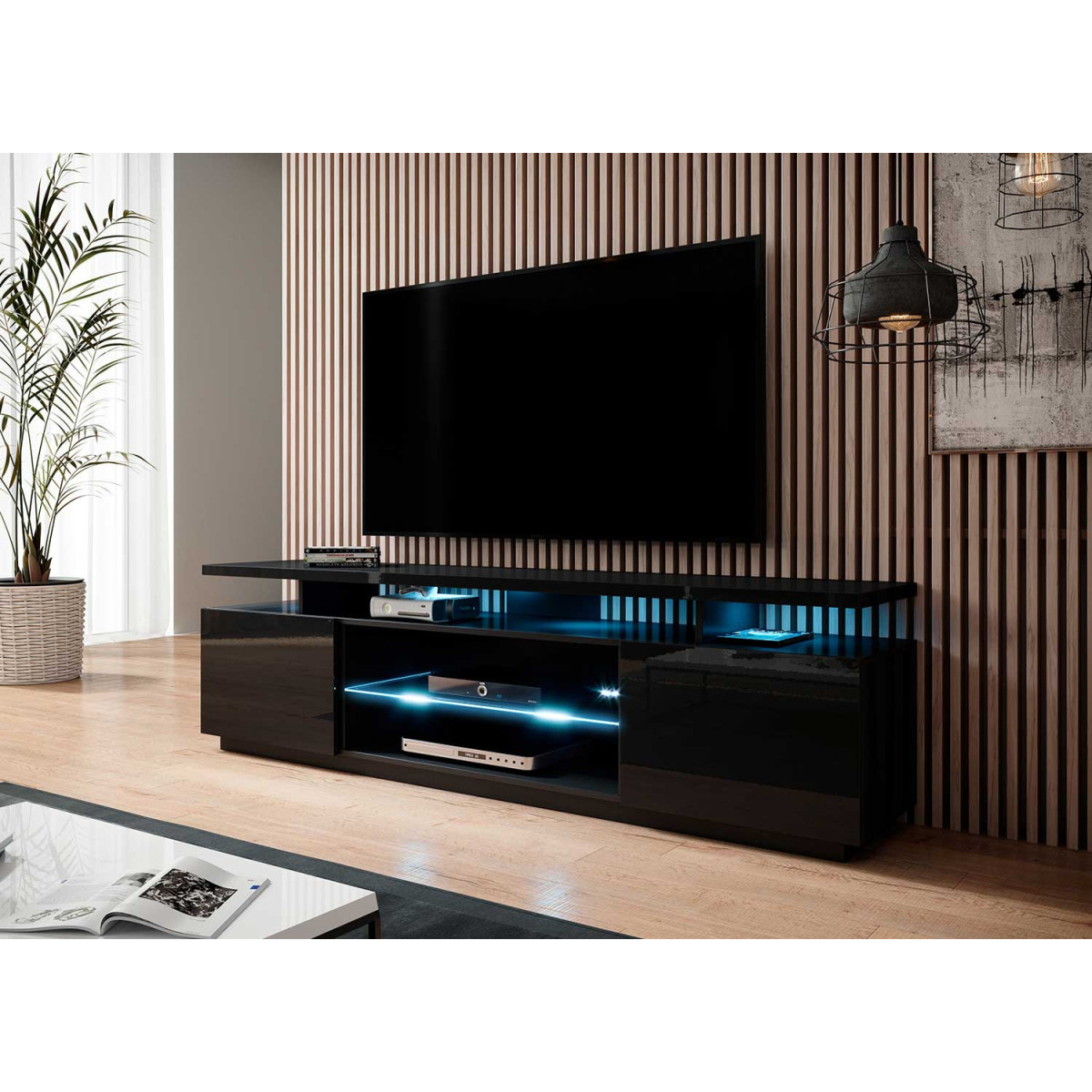 Meuble tv noir brillant 2 portes et 2 niches