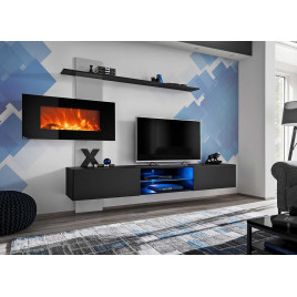 Meuble tv suspendu noir et gris avec cheminée électrique décorative