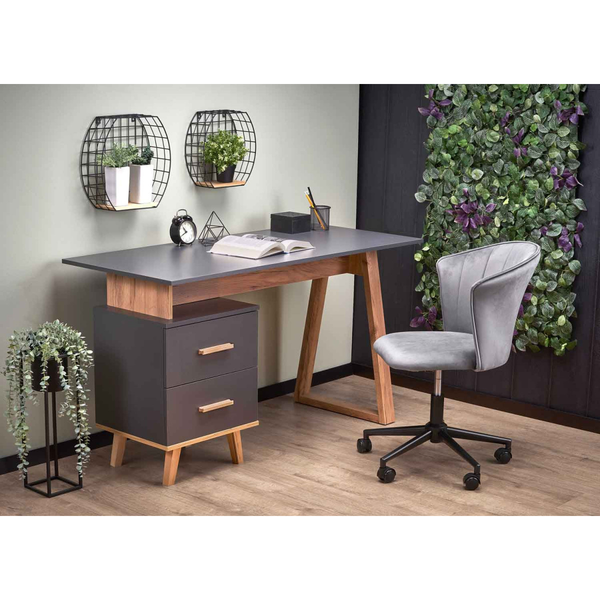 Bureau avec caisson de rangement chêne et anthracite