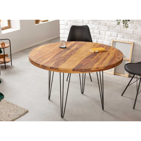 Table salle à manger ronde en bois massif et métal 120 cm