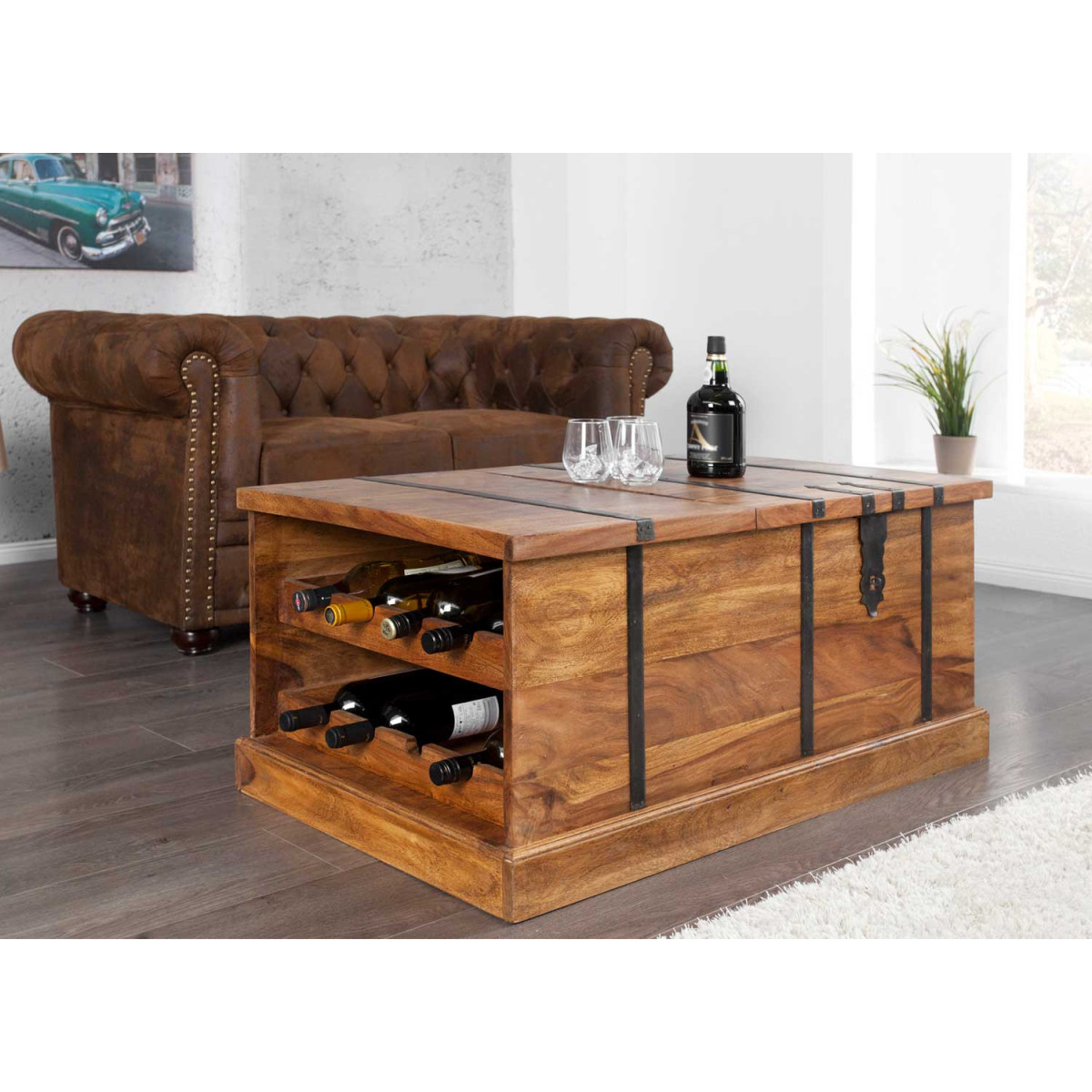 Table basse coffre de bar en bois massif 100 cm