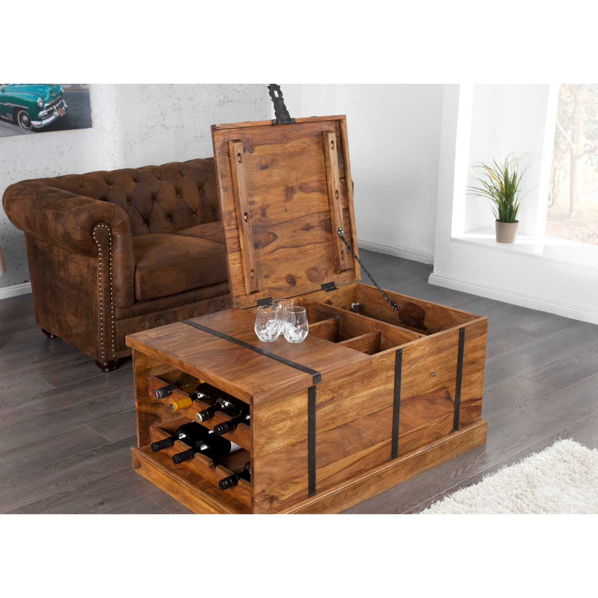Table basse coffre bar à vin en bois massif