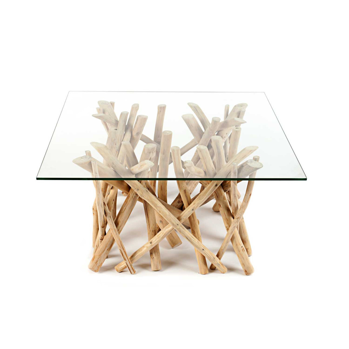 Table basse en bois flotté avec plateau en verre carré