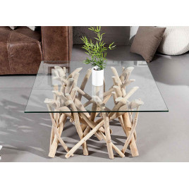 Table basse en bois flotté avec plateau en verre carré