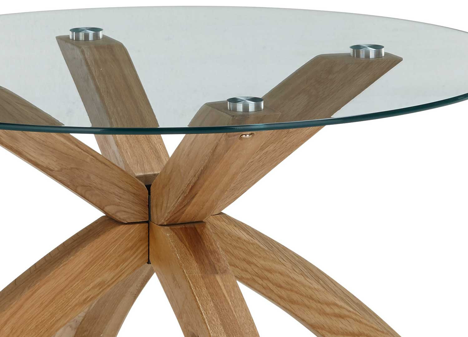 Table basse de salon ronde plateau en verre et pieds en bois massif