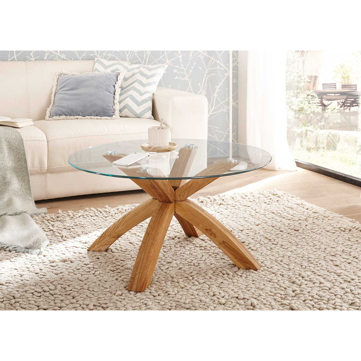 Table basse de salon ronde plateau en verre et pieds en bois massif