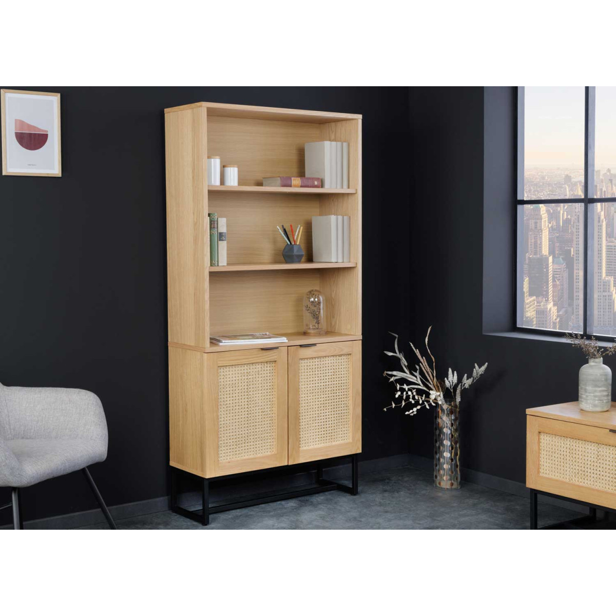 Buffet haut 168 cm placage chêne avec cannage