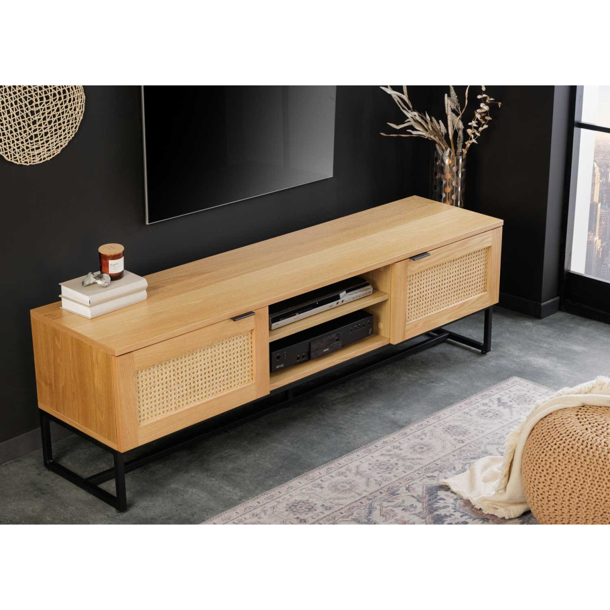 Meuble tv cannage 2 portes et 2 niches