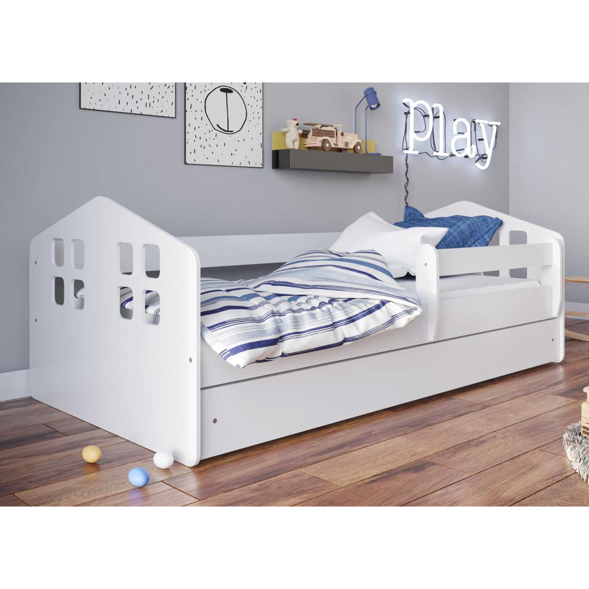 Lit enfant blanc avec tiroir + matelas + sommier 80x140, 80x160, 80x180 cm