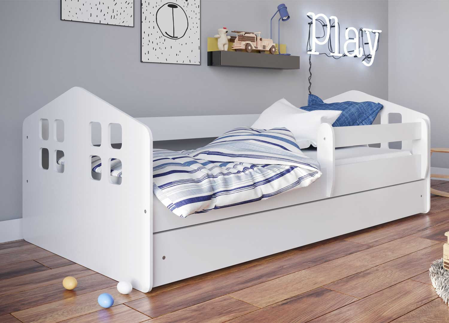 Lit enfant blanc avec tiroir + matelas + sommier 80x140, 80x160, 80x180 cm  - Cbc-Meubles