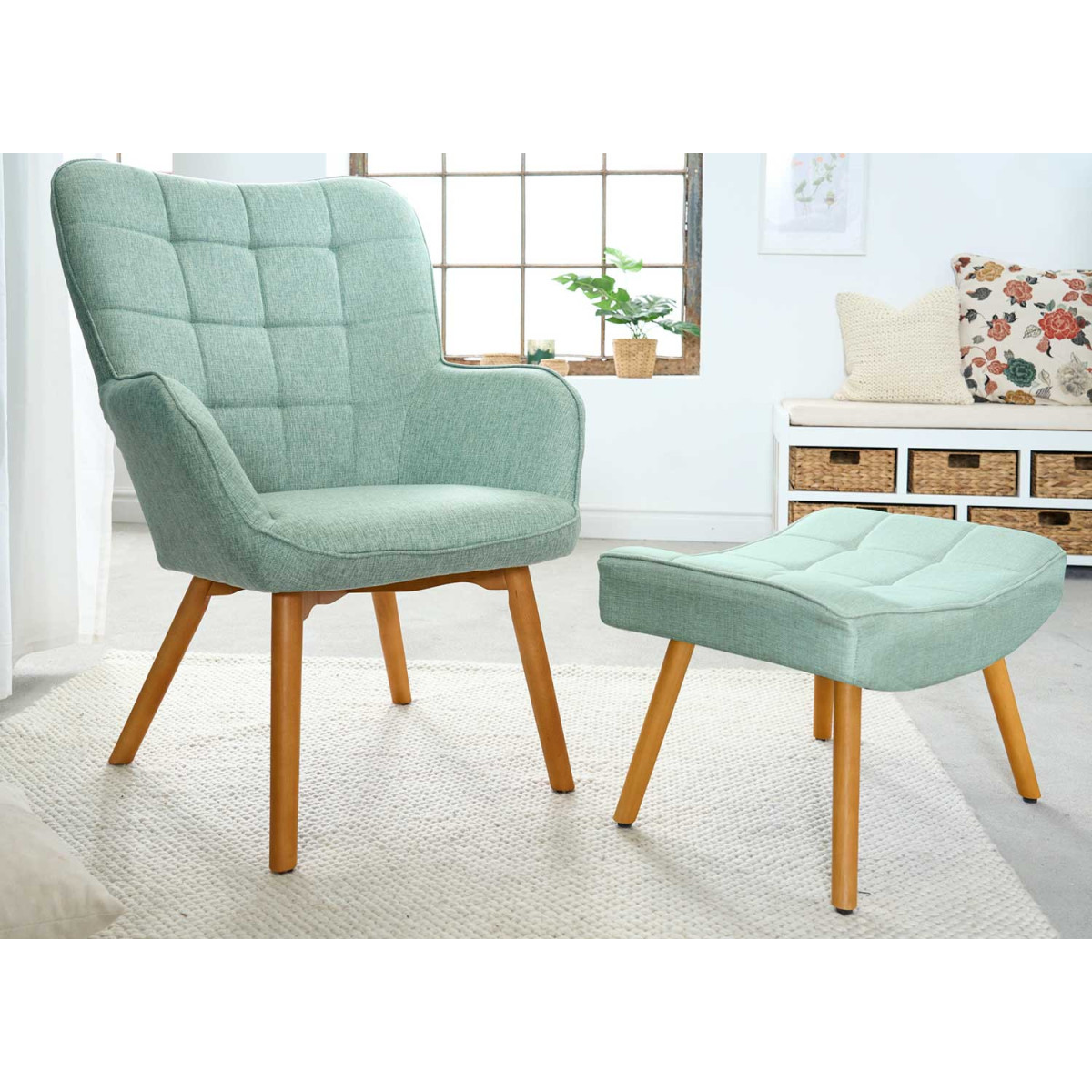 Fauteuil scandinave avec repose pied vert tilleul
