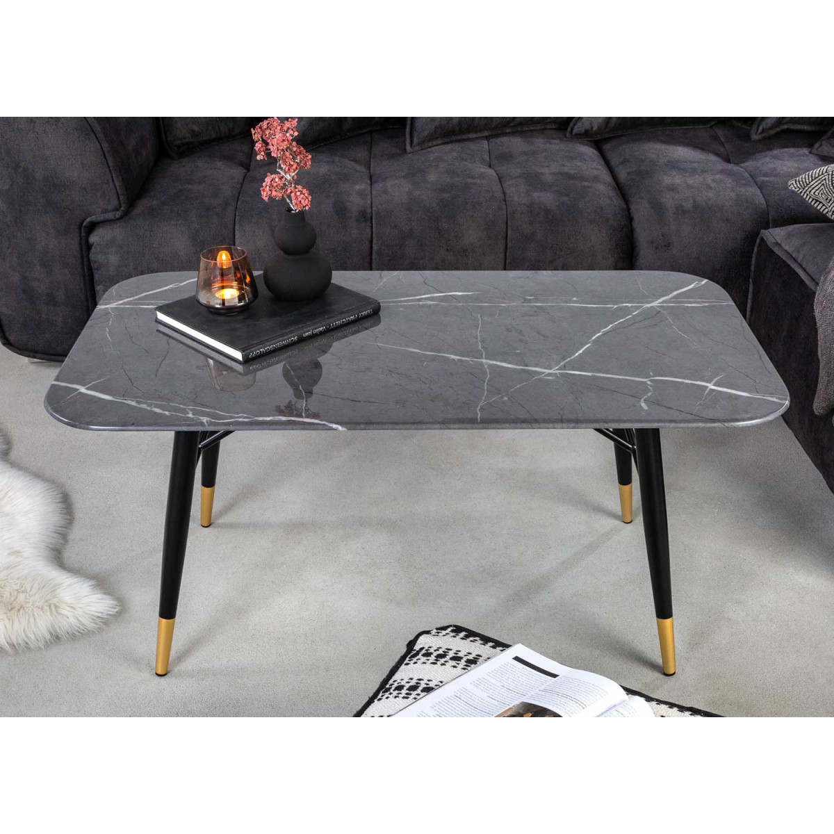 Table basse en verre marbre anthracite et métal 110 cm