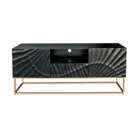 Meuble tv bois de manguier sculpture en 3D et pied métal doré 160 cm