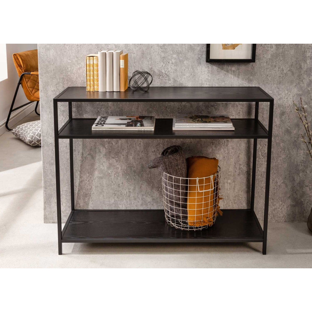 Meuble console frêne foncé et métal noir