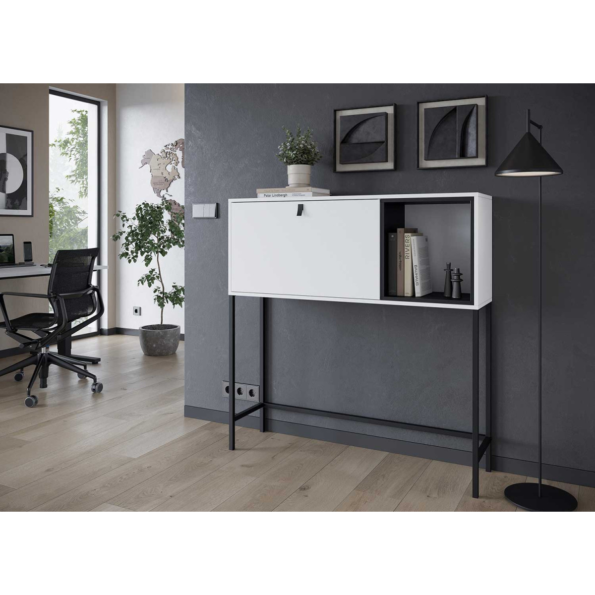 Bureau secrétaire design blanc et métal noir