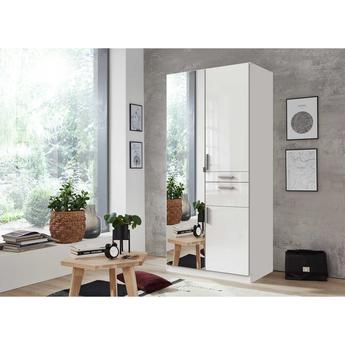 Armoire penderie blanche 3 portes et 2 tiroirs 90 cm