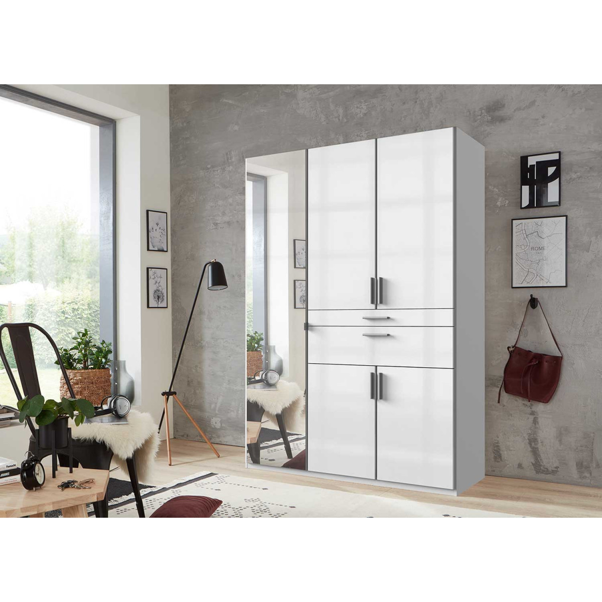 Armoire dressing blanche 5 portes et 2 tiroirs 135 cm