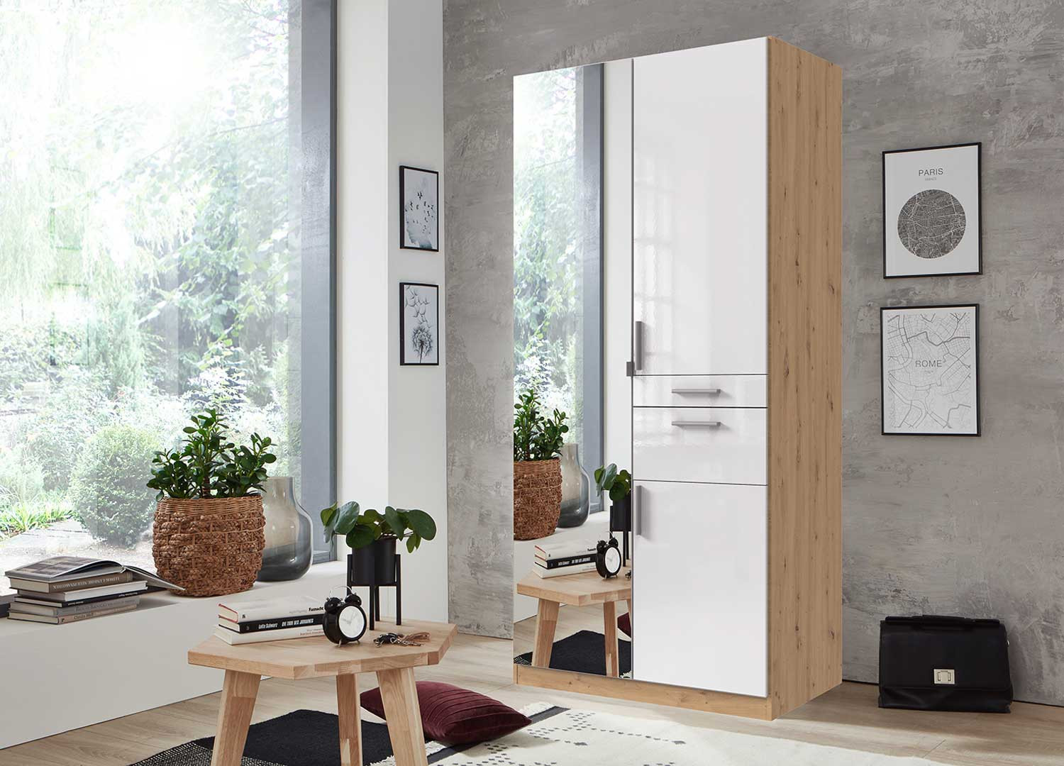 Armoire penderie blanche et chêne 3 portes et 2 tiroirs 90 cm - Cbc-Meubles